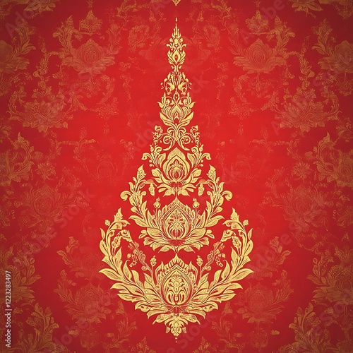 Ornate gold design on red background.