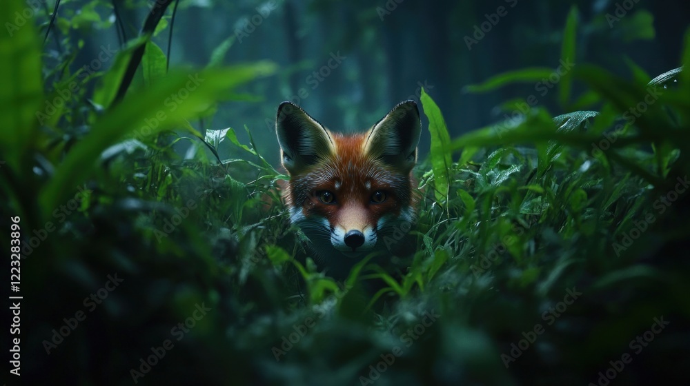 Naklejka premium Fox emerges from dark dense foliage with focus on its orange fur and intense gaze in the forest