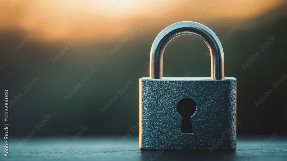 Fototapeta premium Metallic padlock on a blurred background at sunset