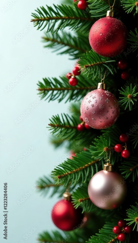Red and white ornaments scattered on a lush green evergreen branch with matching red berries, holiday, festive Red and white ornaments scattered on a lush green evergreen branch with matching red berries, holiday, festive