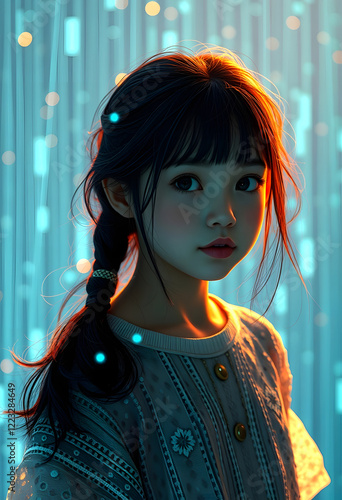 Facing the Digital Frontier: A Girl's Journey into the Stream of Data,  Art, 8k unreal engine photorealism, with white tones