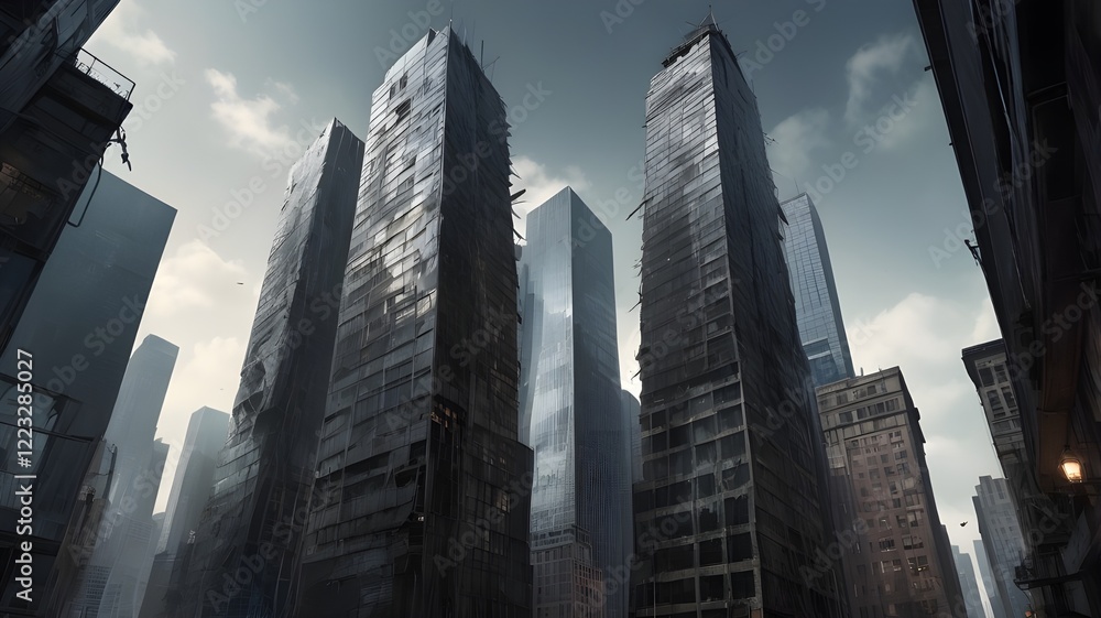 Fototapeta premium Dark and Mysterious City with Towering Buildings Shrouded in Shadows 