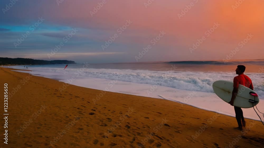 Groups of surfers walk along the sandy shore at sunset, carrying their surfboards and sharing laughter. The vibrant colors of the sky reflect on the calm ocean waves Groups of surfers walk along the sandy shore at sunset, carrying their surfboards and sharing laughter. The vibrant colors of the sky reflect on the calm ocean waves