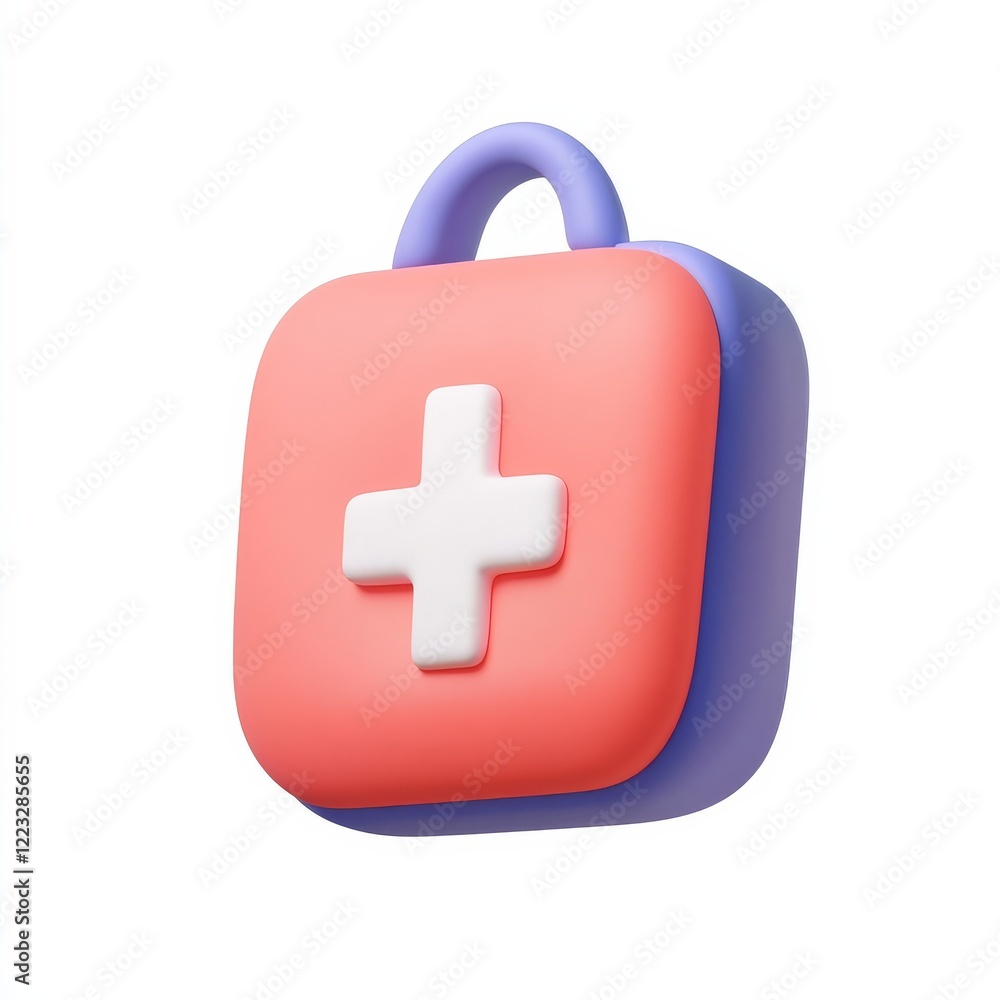Fototapeta premium A colorful, modern first-aid kit icon featuring a red and purple design with a prominent white cross.