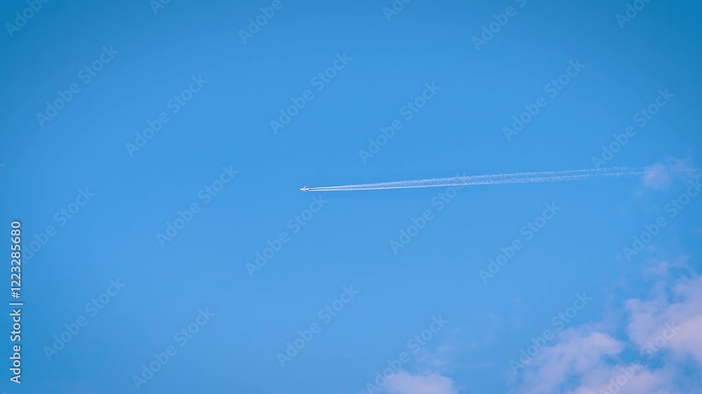 Airplane flying high in blue sky, leaving white contrails. Aircraft soaring through clear atmosphere, trailing condensation. Jet traveling across open sky, forming vapor trail. Plane cruising at Airplane flying high in blue sky, leaving white contrails. Aircraft soaring through clear atmosphere, trailing condensation. Jet traveling across open sky, forming vapor trail. Plane cruising at