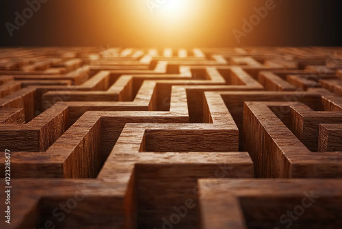 glowing maze with radiant paths of resilience leads to bright horizon, symbolizing hope and determination. wooden structure is illuminated by warm, golden light, creating sense of mystery and