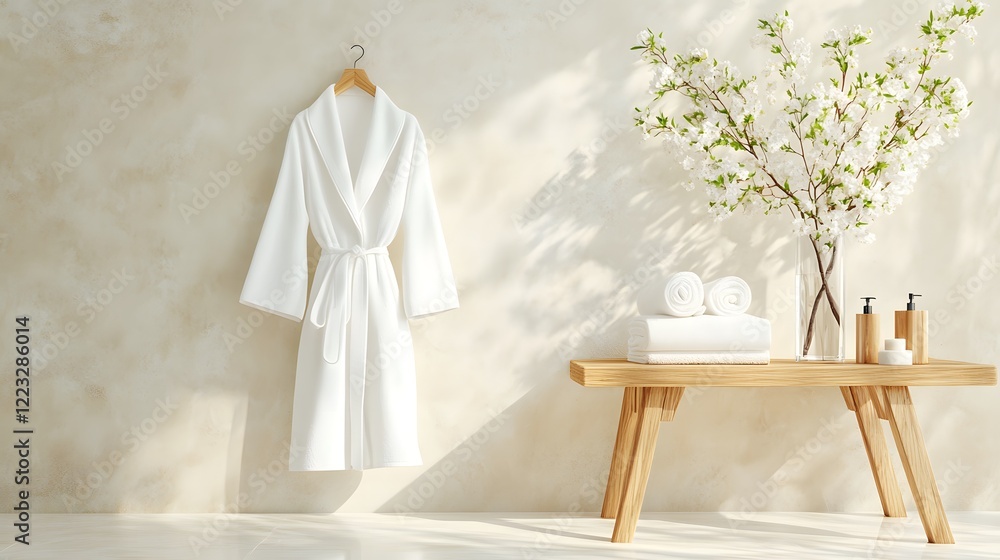 Cozy Spa Setting with White Bathrobe, Soft Towels, and Blooming Branches in Serene Interior Space Cozy Spa Setting with White Bathrobe, Soft Towels, and Blooming Branches in Serene Interior Space