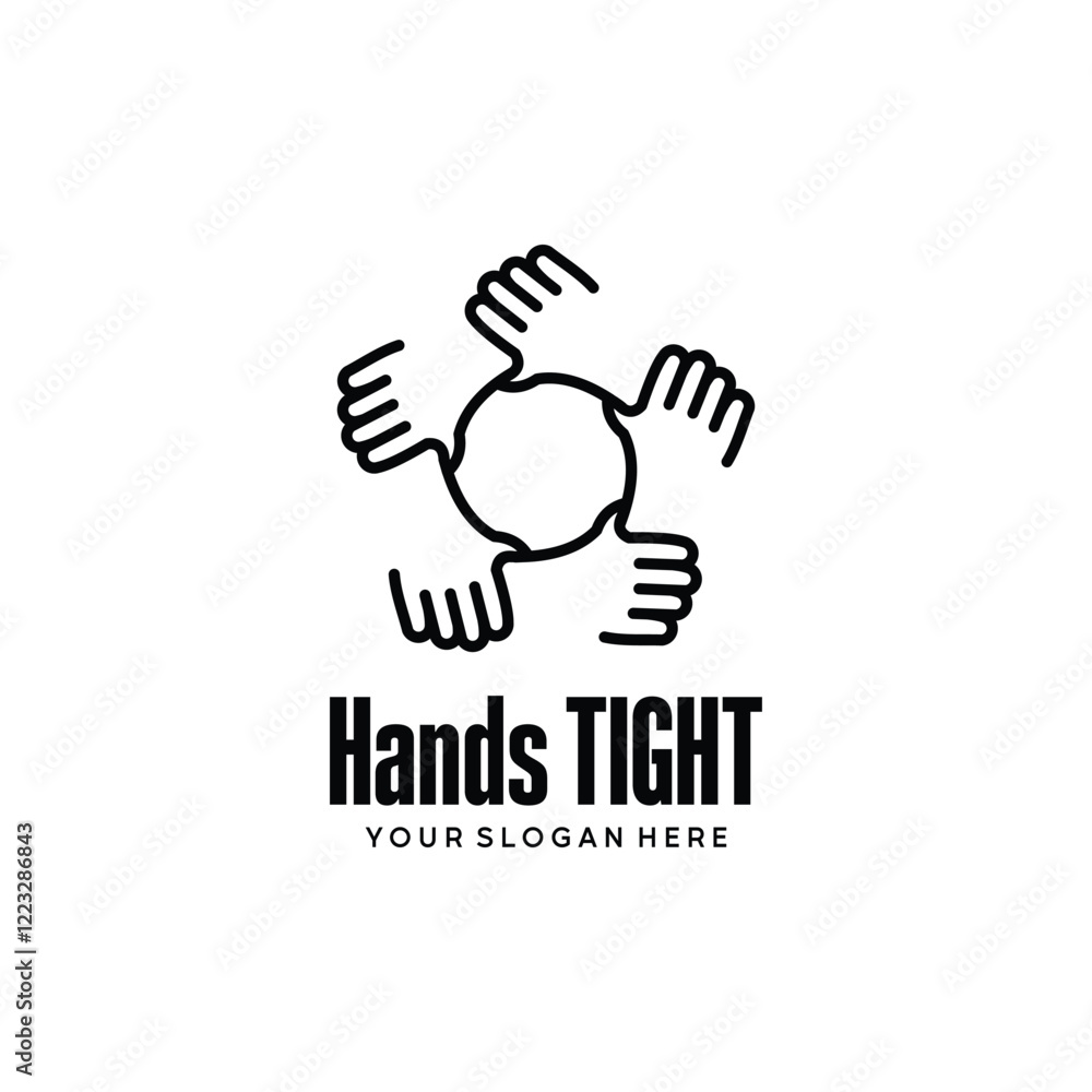 Logo design of five hands holding each other tightly in a circle with simple line symbol vector illustration Logo design of five hands holding each other tightly in a circle with simple line symbol vector illustration