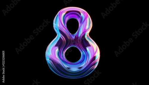 Birthday number design - iridescent number eight 8 - isolated on black background - neon glowing number