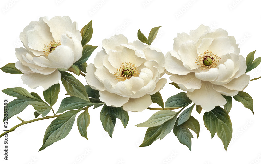 Fototapeta White peony flower branch isolated on white and transparent background