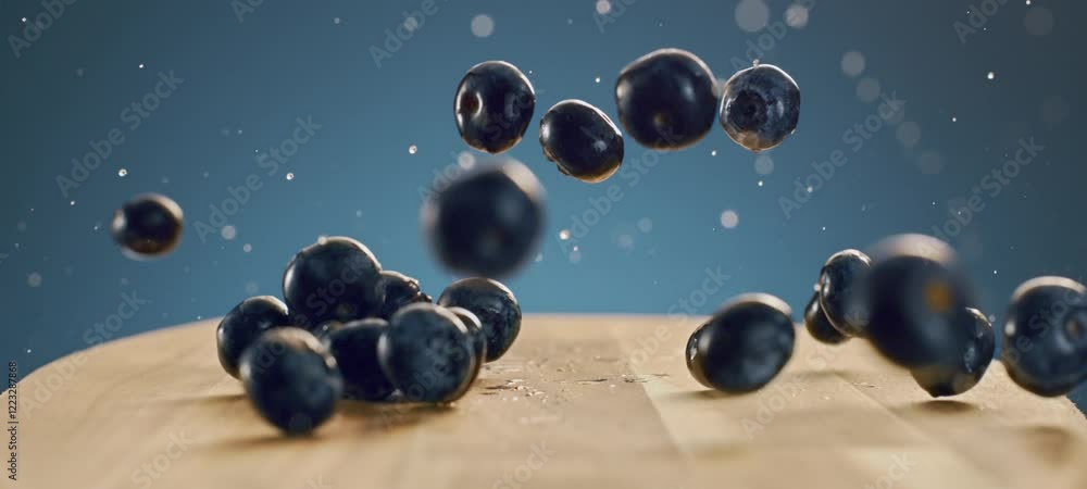 A bunch of fresh raw blueberries falling on a wooden table and crumbles on it. Cinematic shot A bunch of fresh raw blueberries falling on a wooden table and crumbles on it. Cinematic shot