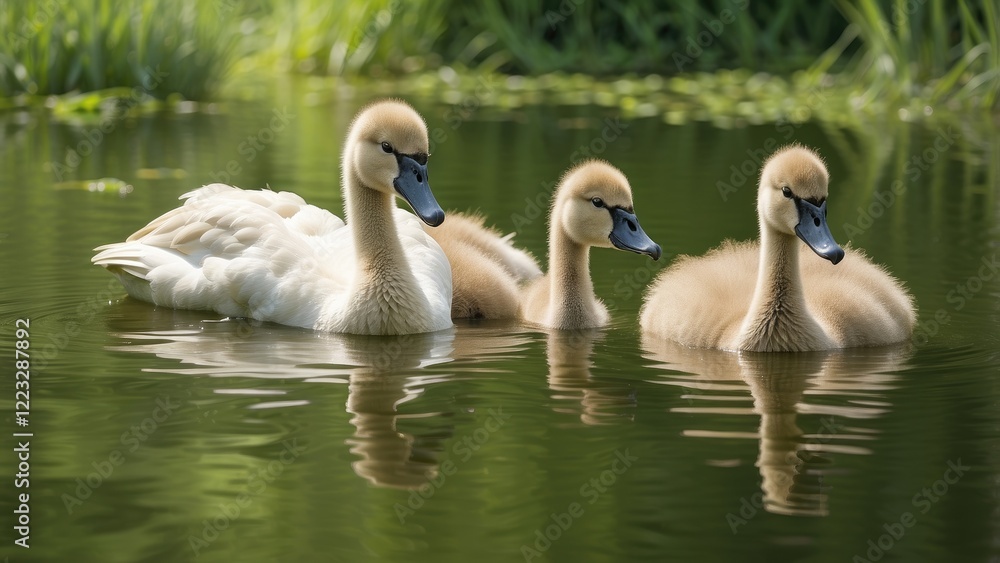 Three cygnets swim in a shallow, greenish pond surrounded by tall grasses.