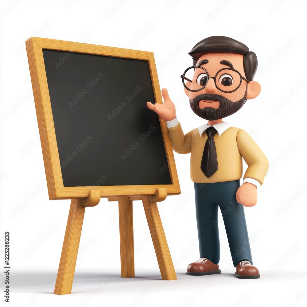 3D icon cartoon teacher at a blackboard explaining a lesson, isolated on a white background 3D icon cartoon teacher at a blackboard explaining a lesson, isolated on a white background
