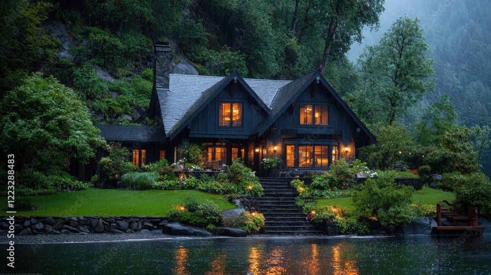 Fototapeta premium Lakeside cabin at dusk, rain, lush greenery, cozy interior lights. Perfect for real estate ads