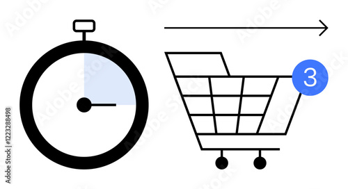 Black stopwatch next to outlined shopping cart with arrow and numeral three. Ideal for e-commerce, time management, online shopping, process steps, efficiency, retail marketing, checkout flow. Line