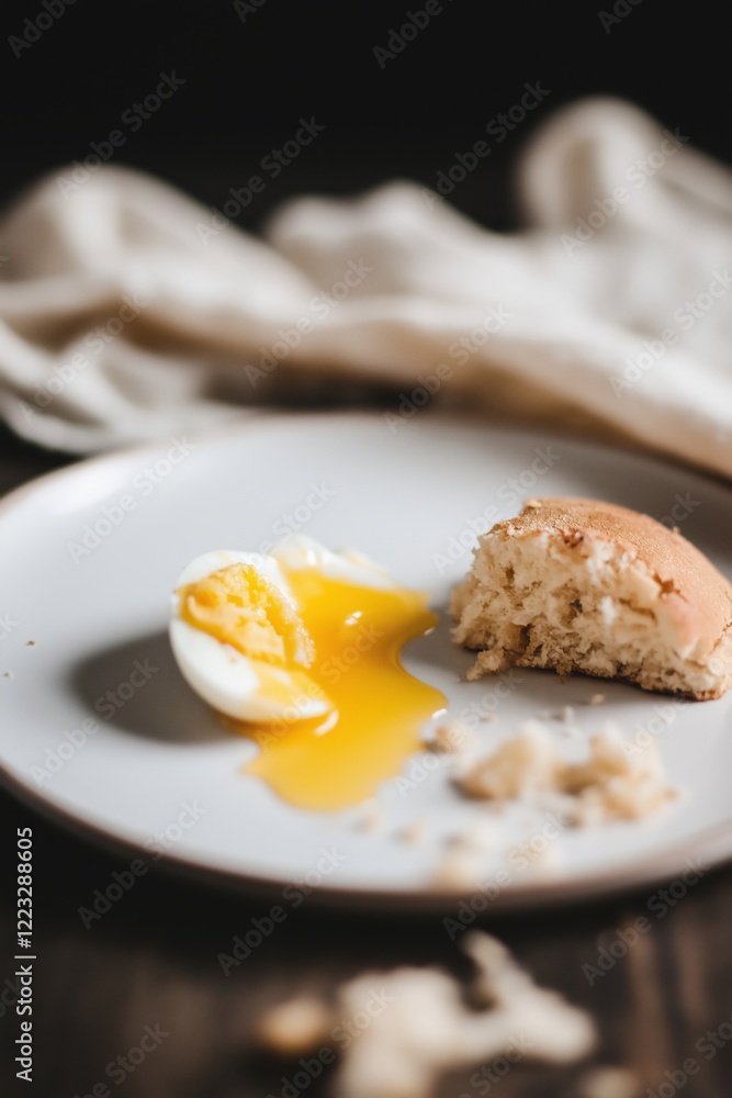 Soft boiled egg with runny yolk and bread on white plate, rustic background, textured cloth Soft boiled egg with runny yolk and bread on white plate, rustic background, textured cloth