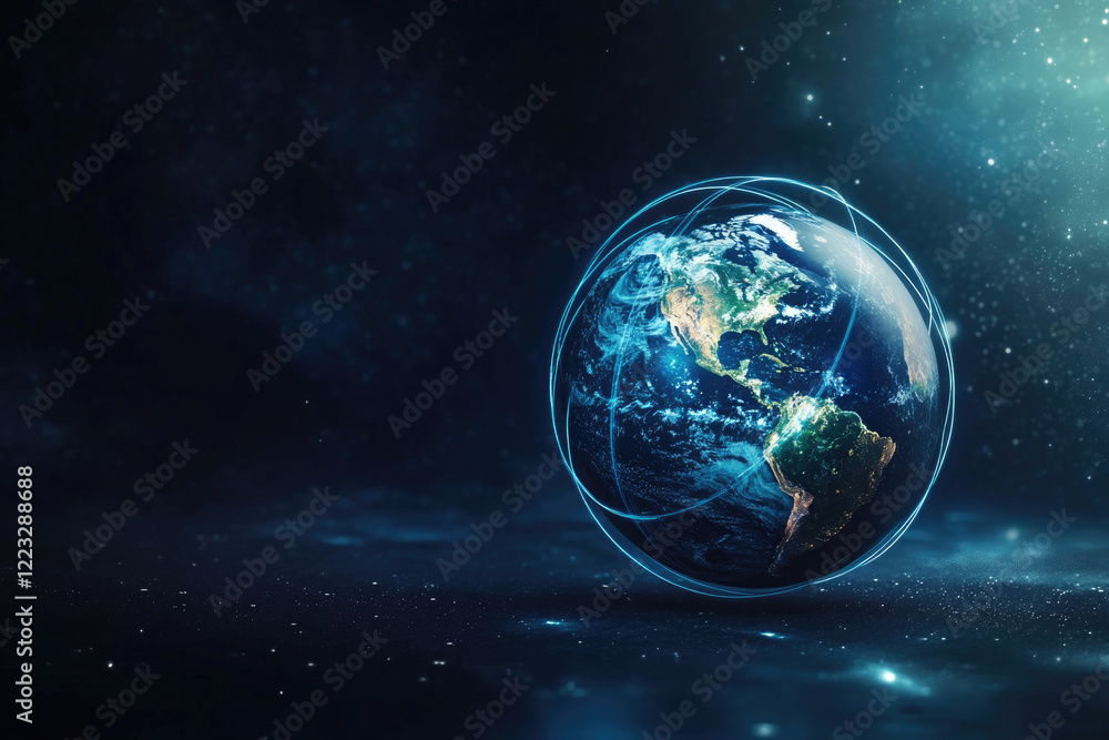 Naklejka premium Planet Earth illuminated in deep space with glowing lines connecting continents reflecting global connectivity,copy space