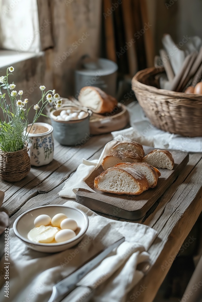 Rustic kitchen table setting featuring sliced bread, eggs, decorative plants, and woven basket, warm tones Rustic kitchen table setting featuring sliced bread, eggs, decorative plants, and woven basket, warm tones