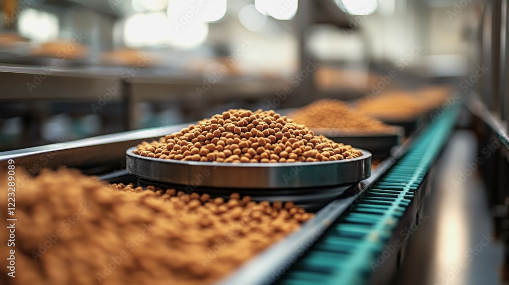 Modern scale measures open bag of extruded feed pellets in clean factory setting Modern scale measures open bag of extruded feed pellets in clean factory setting