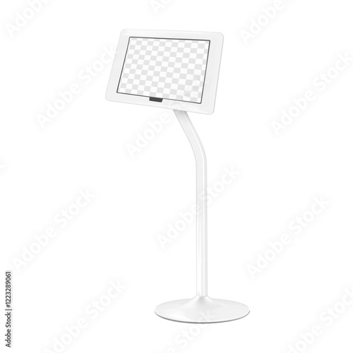 Digital tablet holder on metal base with transparent screen vector mockup. Floor ipad podium stand mock-up. Menu information display board. Template for design