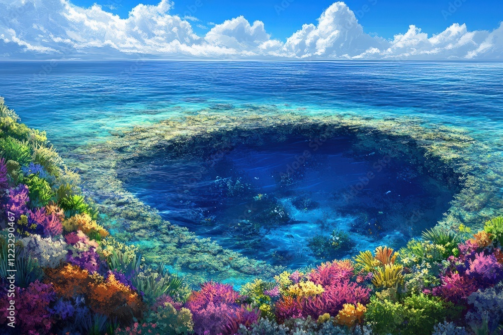 Naklejka premium A breathtaking image of a secluded atoll in the middle of the ocean, with crystal-clear waters revealing vibrant coral reefs and colorful marine life beneath the surface