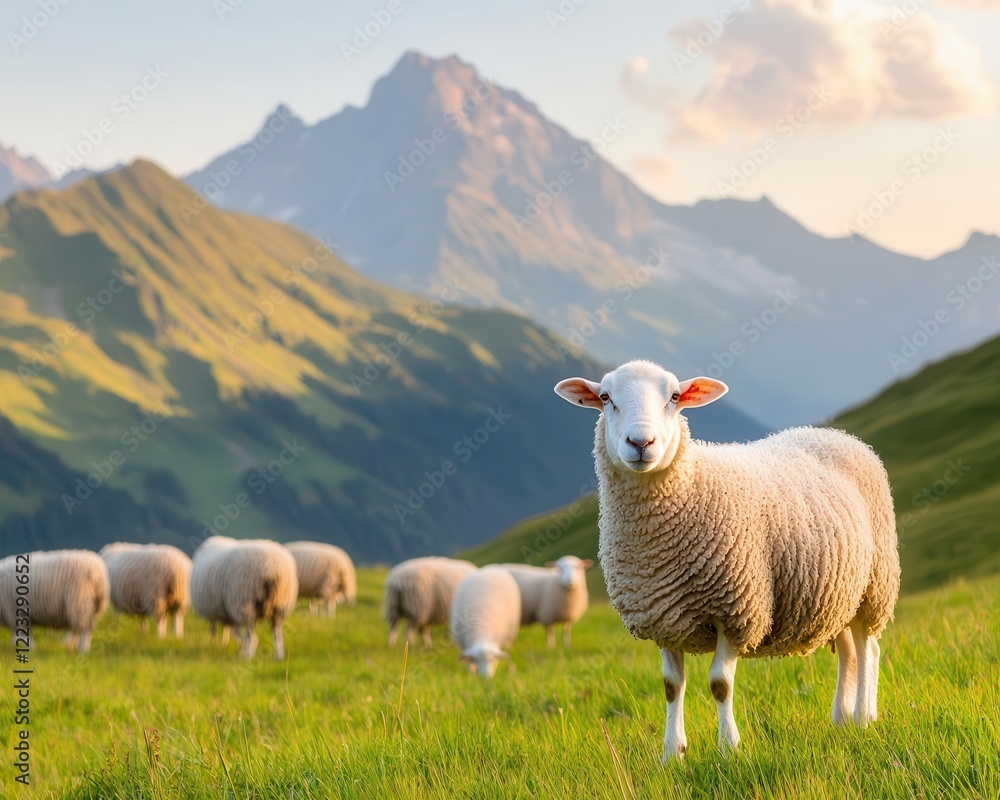 Obraz premium Serene alpine meadow with grazing sheep, surrounded by towering peaks and warm sunlight