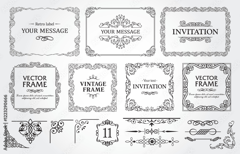 Design elements set, decorative flourish border corner and frame collection for invitation, menu and page decoration
Design elements set, decorative flourish border corner and frame collection for invitation, menu and page decoration