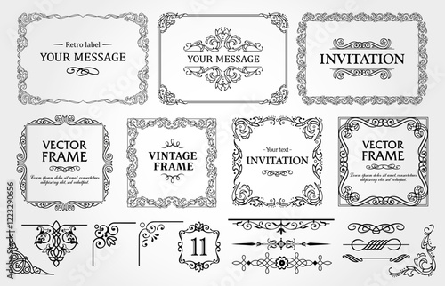 Design elements set, decorative flourish border corner and frame collection for invitation, menu and page decoration
