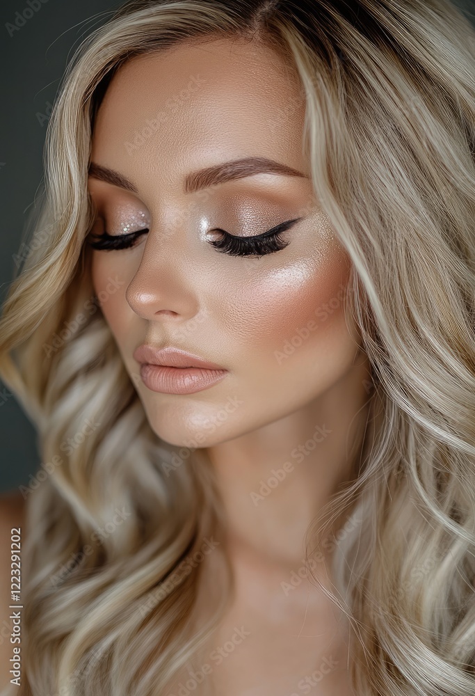 A beautiful blonde woman with long, shiny, and smooth hair exudes elegance in her makeup look, featuring soft pastel pink lips and shimmering eyeshadow that accentuates the model's striking features A beautiful blonde woman with long, shiny, and smooth hair exudes elegance in her makeup look, featuring soft pastel pink lips and shimmering eyeshadow that accentuates the model's striking features