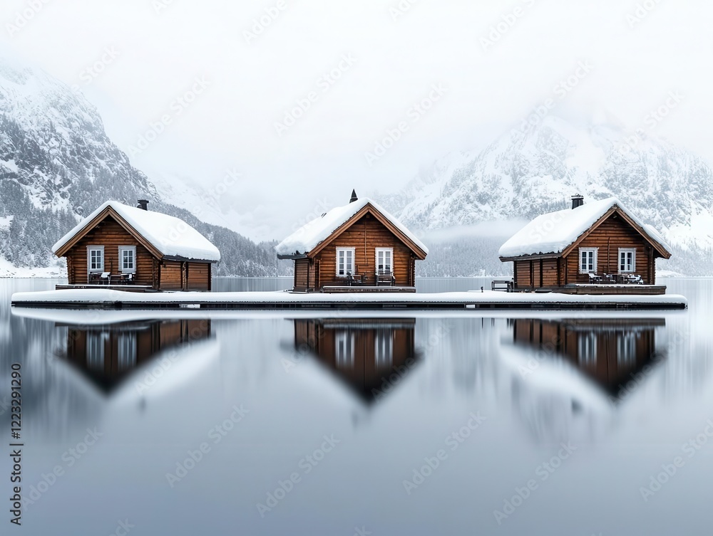 Picturesque lake surrounded by snowcapped mountains, small wooden cabins along the shore, serene and remote Picturesque lake surrounded by snowcapped mountains, small wooden cabins along the shore, serene and remote