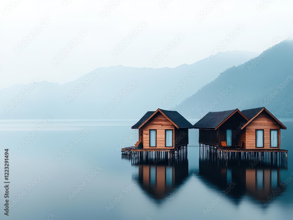 Tranquil fishing village on stilts, built over calm turquoise waters with mountains in the distance Tranquil fishing village on stilts, built over calm turquoise waters with mountains in the distance
