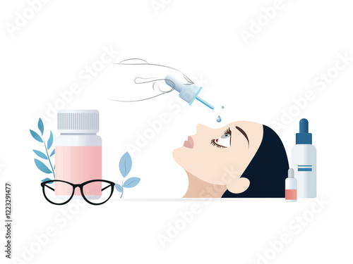 Visual representation of a woman applying eye drops as part of glaucoma treatment, accompanied by medication bottles and glasses, with a minimalist and educational design.
