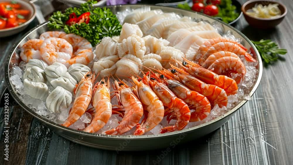 Fresh seafood platter featuring shrimp, scallops, and fish on ice, beautifully garnished with fresh herbs and vegetables for perfect gourmet dining experience. Fresh seafood platter featuring shrimp, scallops, and fish on ice, beautifully garnished with fresh herbs and vegetables for perfect gourmet dining experience.