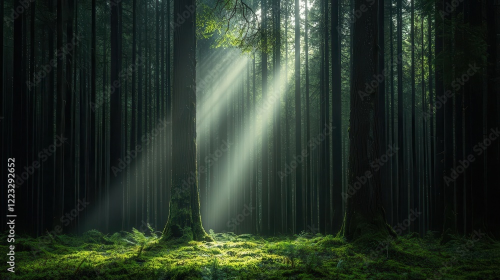 Fototapeta premium Ancient forest with towering redwoods, soft mosscovered ground, and shafts of sunlight breaking through the canopy
