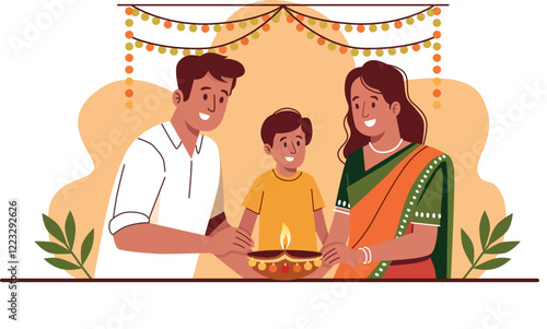 Family lighting Diwali oil lamp