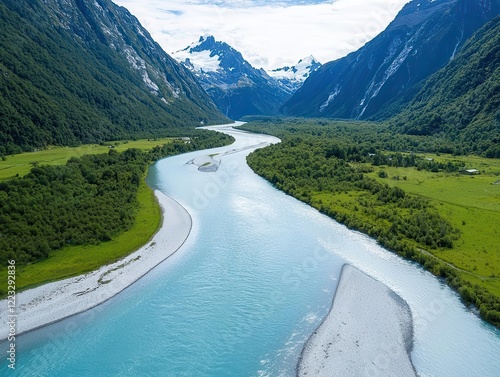 Serene glacierfed river winding through a valley, surrounded by rugged peaks and lush green forest photo