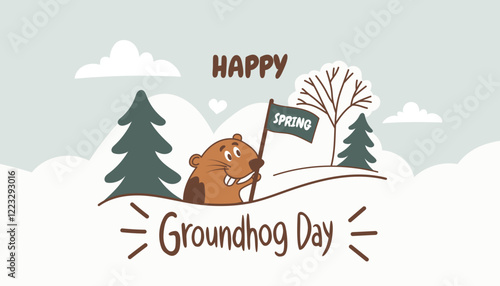 happy groundhog day banner. A smiling rodent peeks out of the snow on February 2. Traditional celebration. Vector graphics
