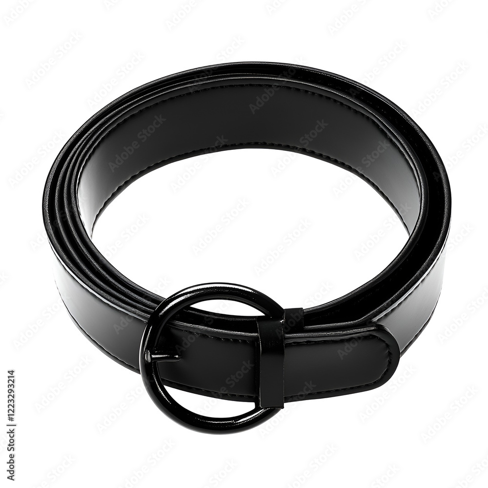 Elegant Black Leather Belt, Rolled, Shiny, Buckle, Fashion Accessory Elegant Black Leather Belt, Rolled, Shiny, Buckle, Fashion Accessory