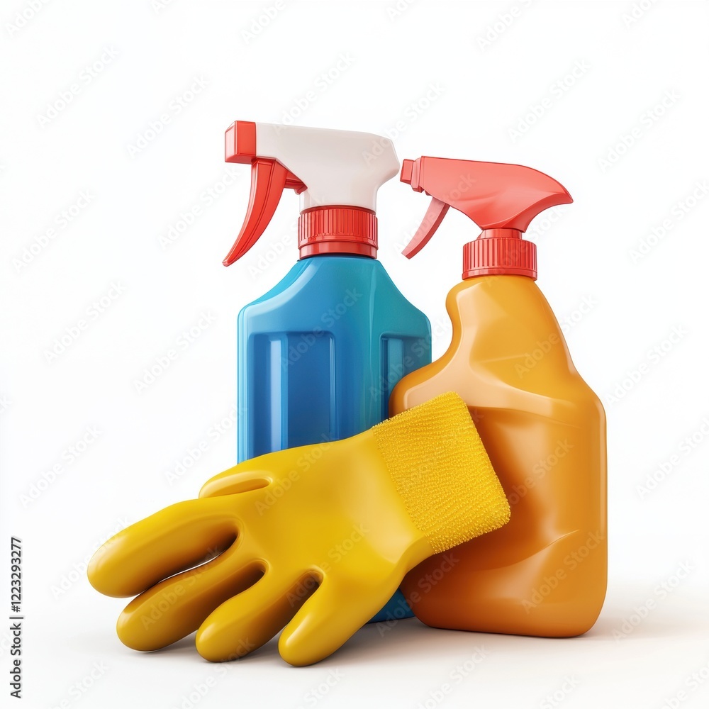 3D icon cartoon pair of rubber gloves and cleaning products, isolated on a white background -- 3D icon cartoon pair of rubber gloves and cleaning products, isolated on a white background --