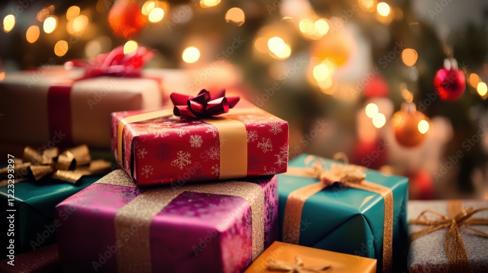 Colorful wrapped gift boxes with snowflake patterns under a christmas tree Colorful wrapped gift boxes with snowflake patterns under a christmas tree