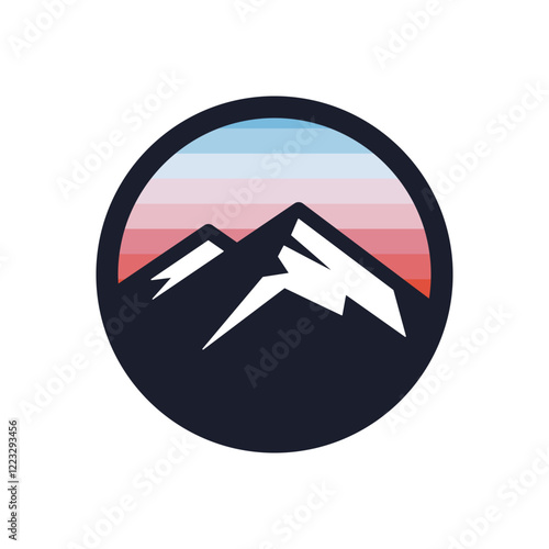 Mountains vector emblem in a round shape.  Perfect for outdoor, adventure, or travel branding.