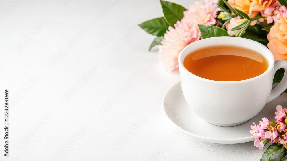 Teacup with flowers on white background; relaxing moment, ideal for Mother's Day card Teacup with flowers on white background; relaxing moment, ideal for Mother's Day card