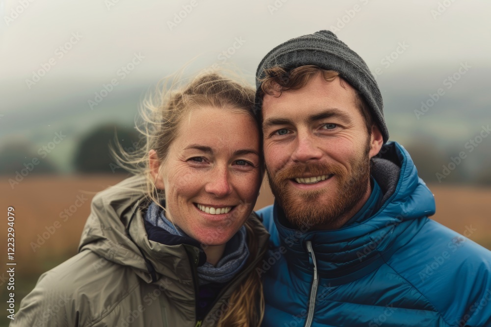 Portrait of a grinning couple in their 30s showing off a lightweight base layer on quiet countryside landscape Portrait of a grinning couple in their 30s showing off a lightweight base layer on quiet countryside landscape