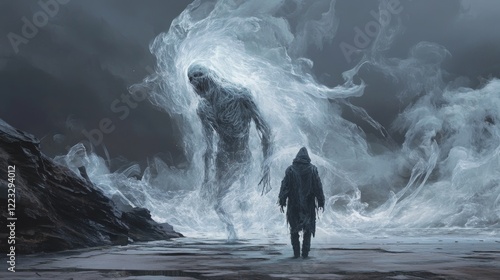 Silhouette of a hooded man and a mutant in the fog. Generative AI