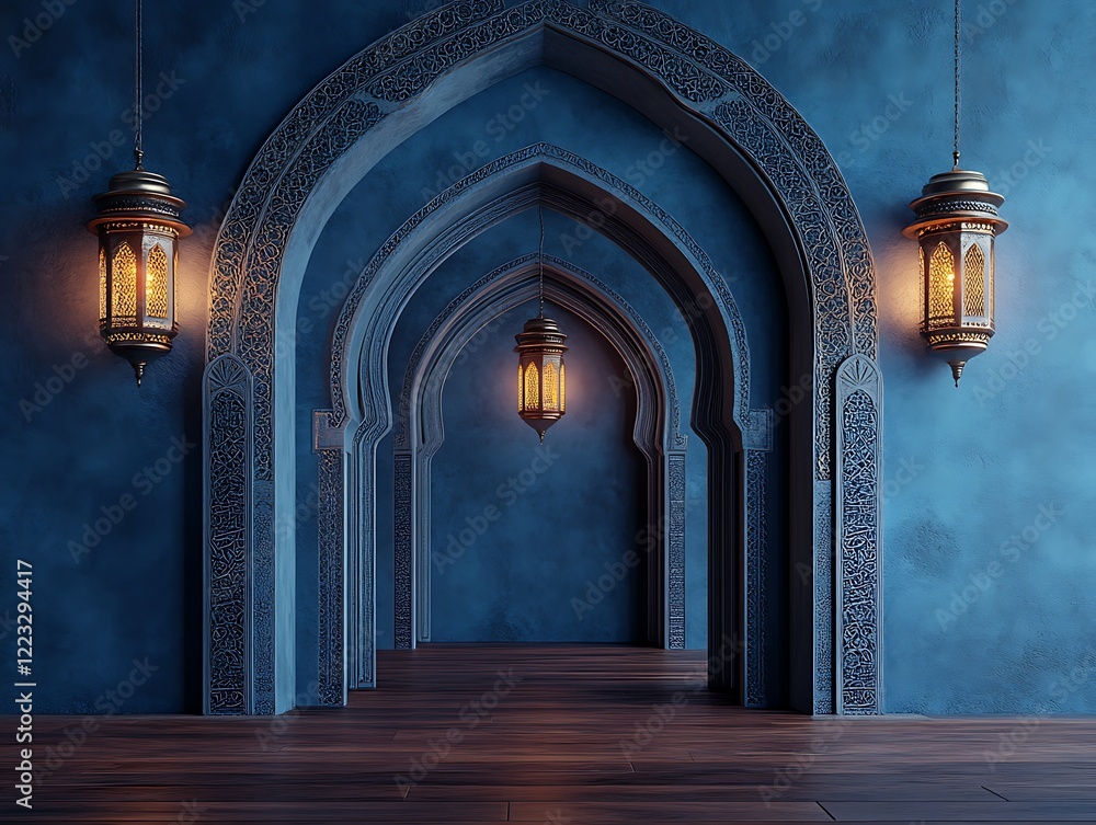 Fototapeta premium Blue Moroccan arched hallway with lanterns.