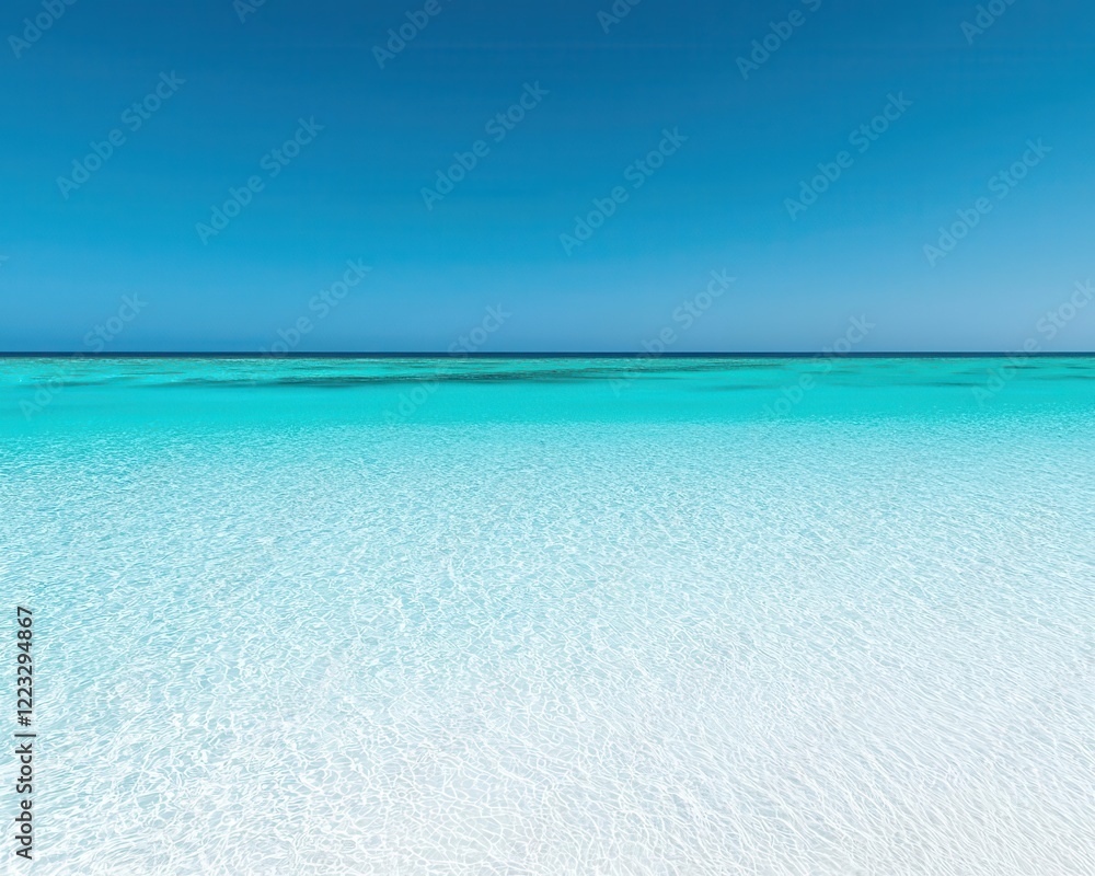 Obraz premium Crystalclear tropical beach with turquoise waters, palm trees swaying, and white sand under a bright blue sky