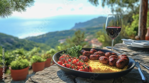 Corsican figatellu sausage and polenta with red wine by the Mediterranean hills photo