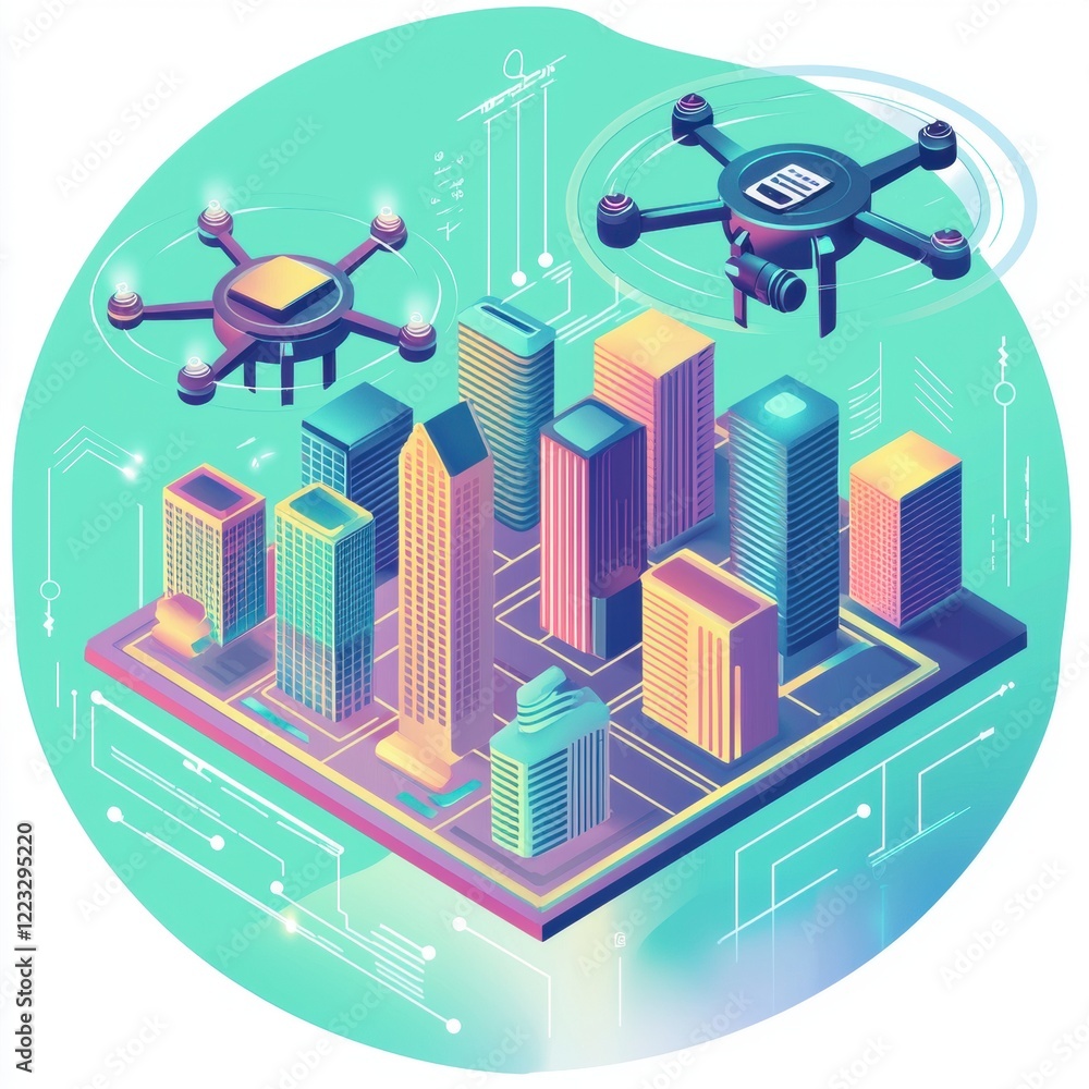 Naklejka premium Stylized icon of a smart city with digital elements, eco-friendly buildings, and flying drones --quality 2