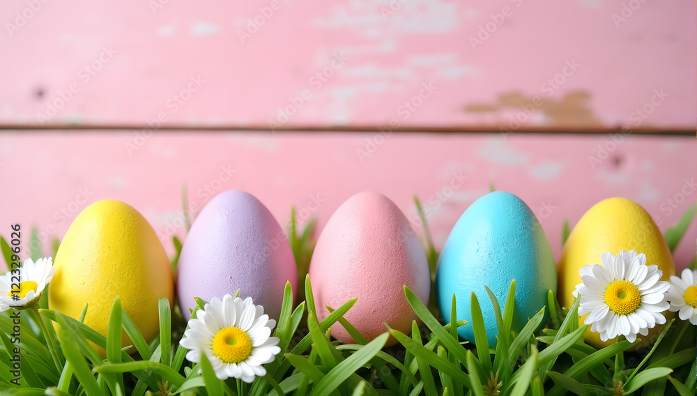 Fototapeta premium Pastel Easter eggs and daisies on lush grass, a natural and cheerful spring composition with ample copy space for holiday greetings or creative branding