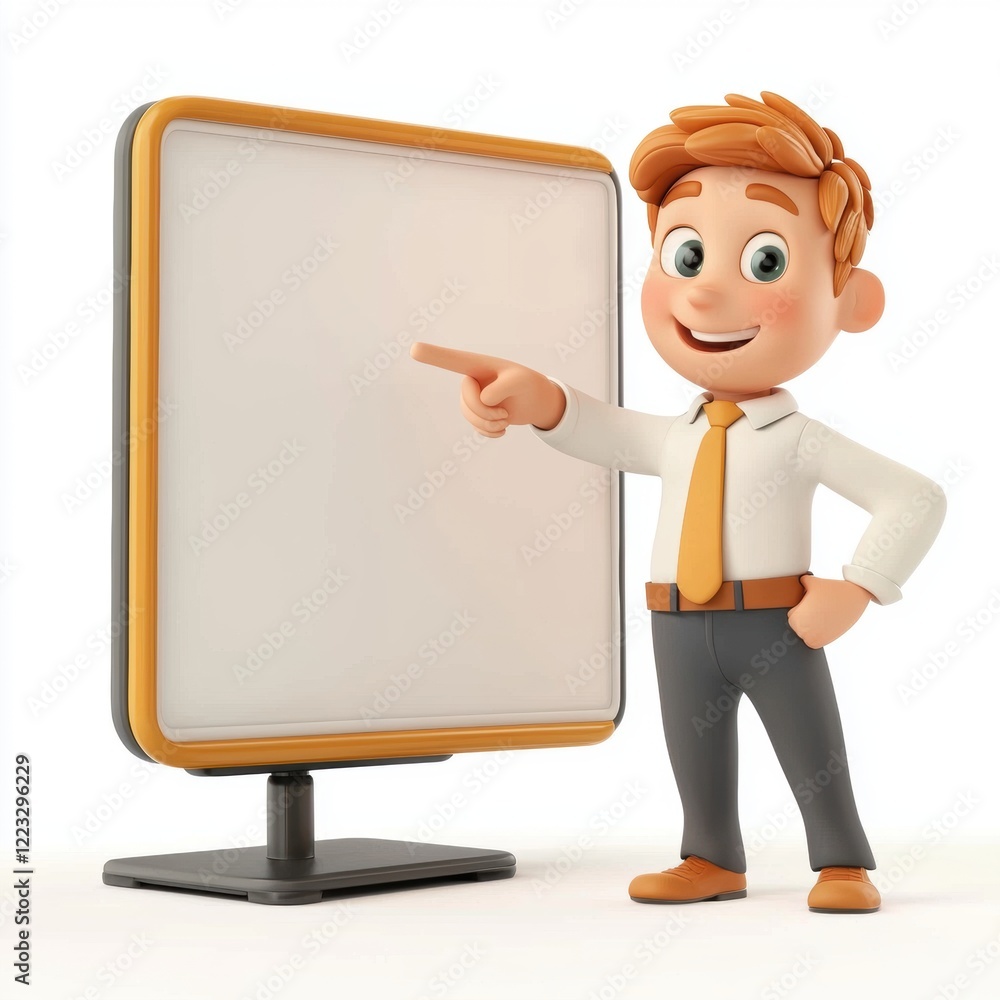 3D icon cartoon presenter pointing at a large screen, isolated on a white background - 3D icon cartoon presenter pointing at a large screen, isolated on a white background -